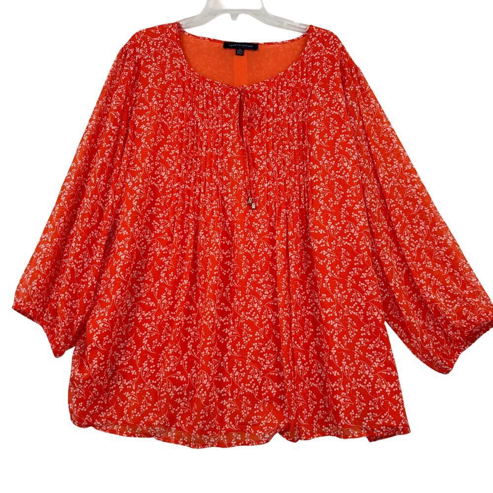Tommy Hilfiger Blouse Top Womens Size 3X Orange White Floral Pintuck Scoop Neck